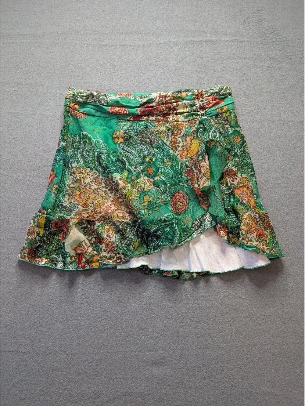 XOXO Skort Juniors M Green Floral Chiffon Ruffle Beaded Lined Mini Summer